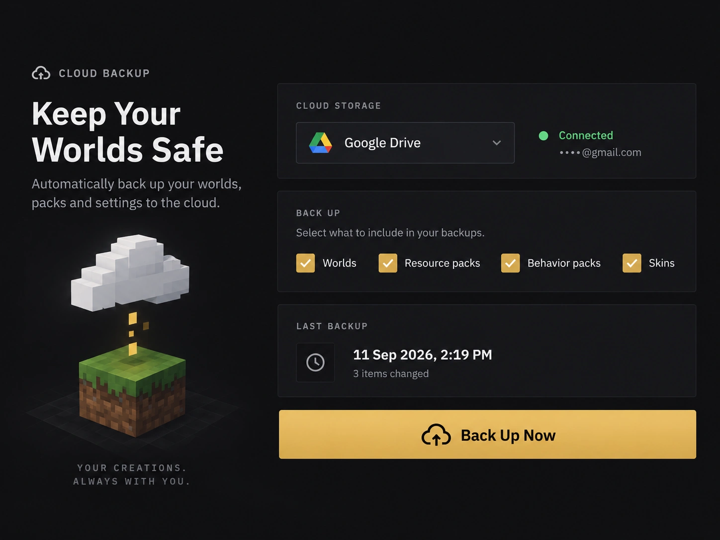 Cloud backup panel with storage provider, backup stats and recent snapshots