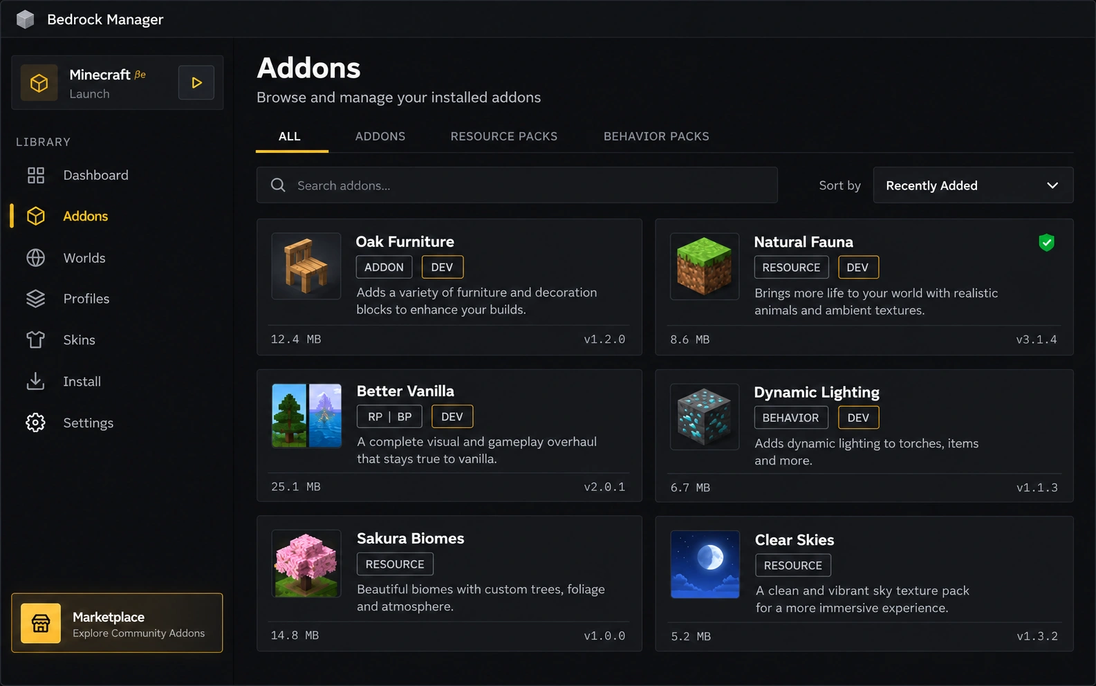 Bedrock Manager library showing installed addons with search, tabs and pack cards