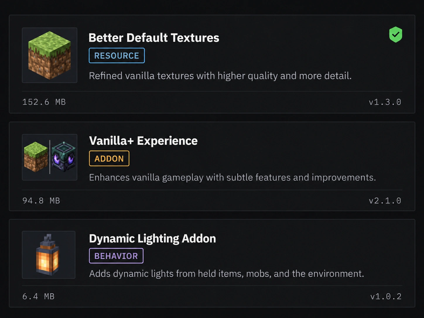 Addon list showing resource, behavior and paired packs with versions