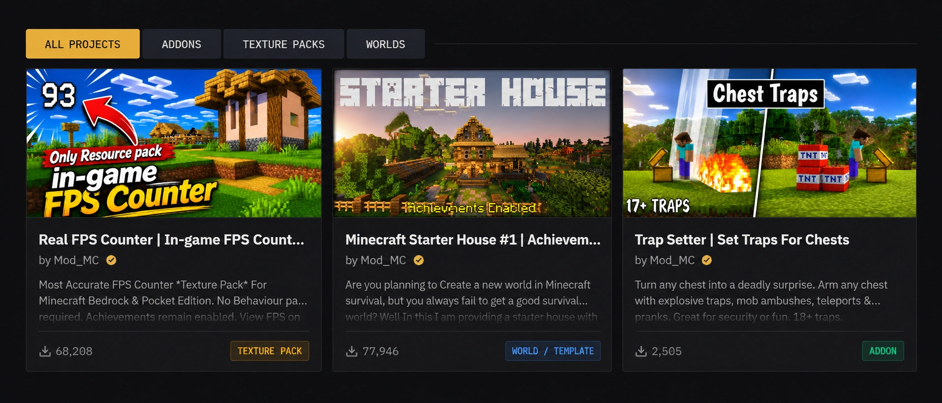 Marketplace grid with community worlds and packs